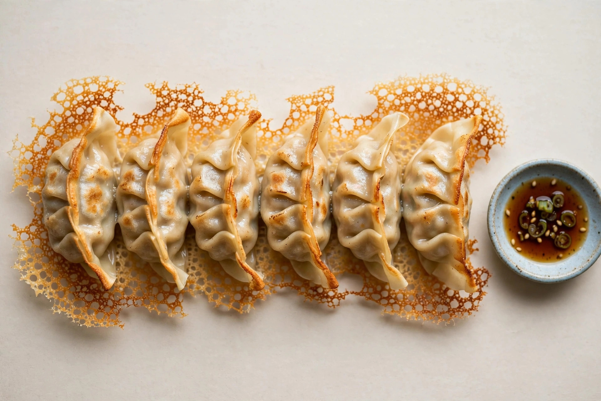 Gyoza — Japanese pan-fried dumplings with crispy lacy skirt