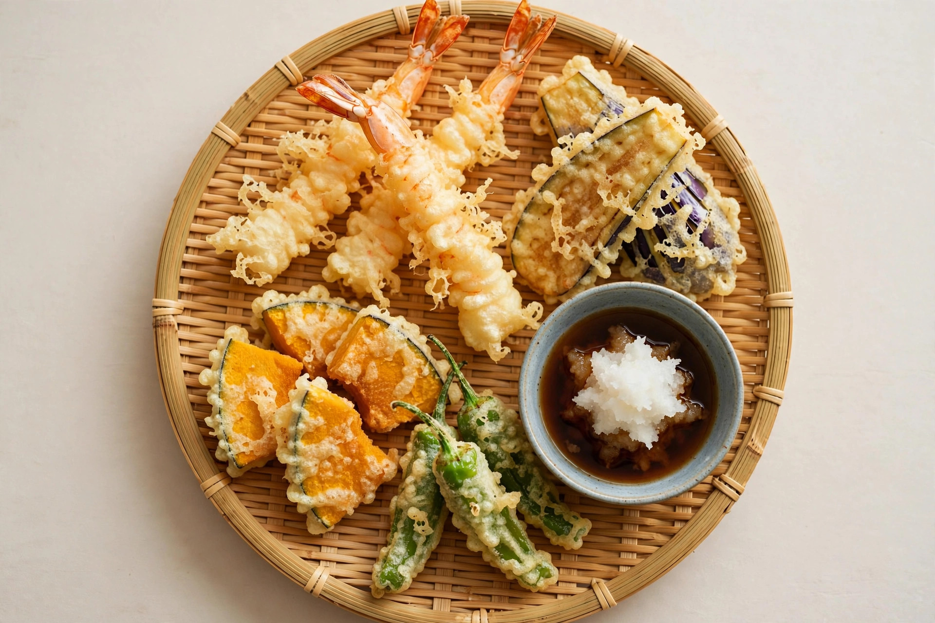Tempura — shrimp and vegetable tempura with tentsuyu dipping sauce