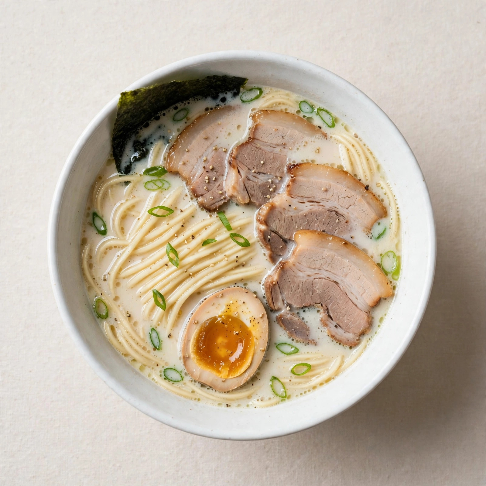 Tonkotsu ramen — creamy pork-bone broth with chashu and ajitama egg